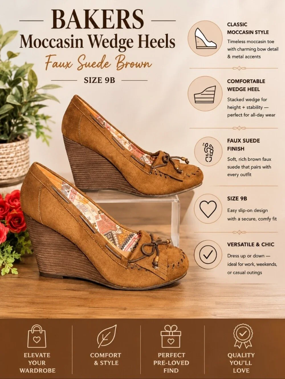 BAKERS Moccasin Wedge Heel Faux Suede Brown 9B